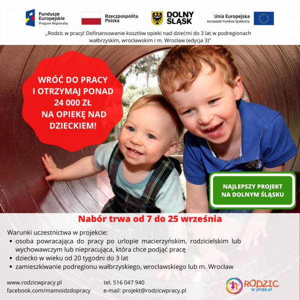 „Rodzic w pracy! Dofinansowanie kosztów opieki nad dziećmi do 3 lat w podregionach wałbrzyskim, wrocławskim i m. Wrocław (edycja 3)