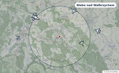 Mapa okolic miasta z sylwetkami samolotów — Niebo nad Wałbrzychem na żywo
