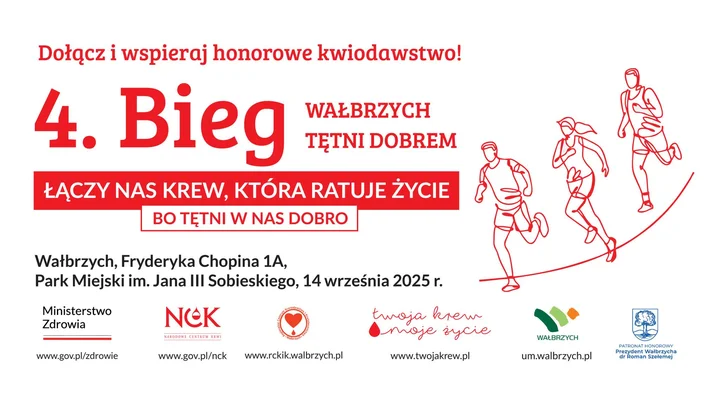 Obrazek przedstawia grafikę promocyjną wydarzenia Bieg i marsz promujący honorowe krwiodawstwo w Wałbrzychu