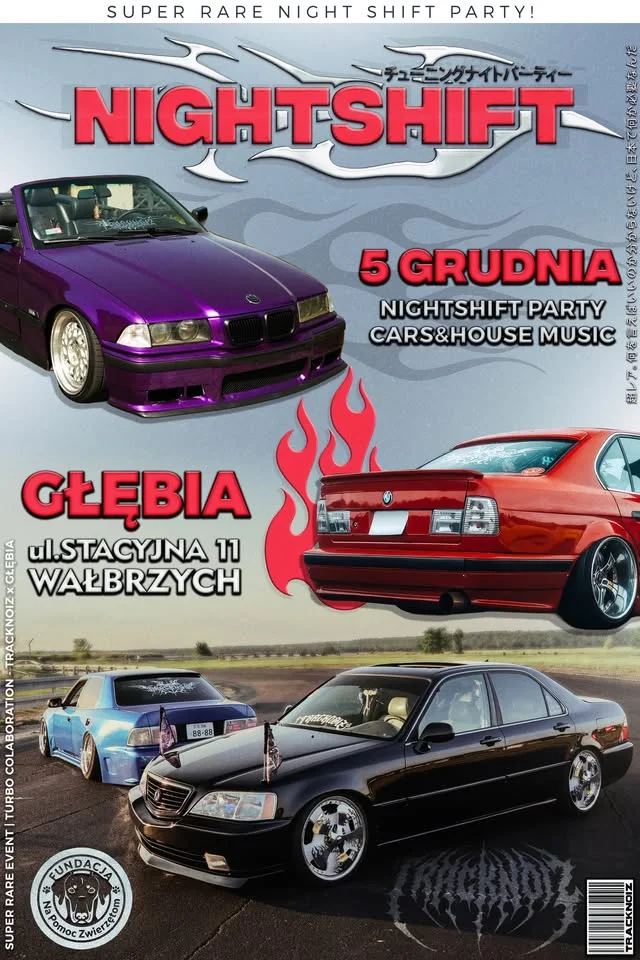 Grafika promocyjna wydarzenia 5 GRUDNIA Wałbrzych SPOT Samochodowy charytatywny TRACKNOIZ x GŁĘBIA w stylu F&F