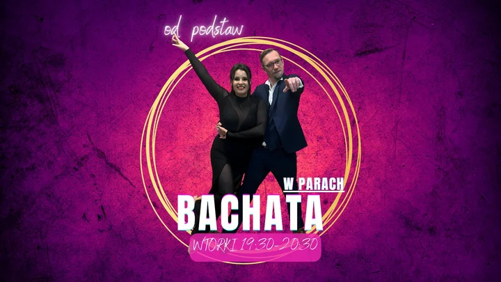 Obrazek przedstawia grafikę promocyjną wydarzenia Bachata dla początkujących w parach — kurs we wtorki w Wałbrzychu