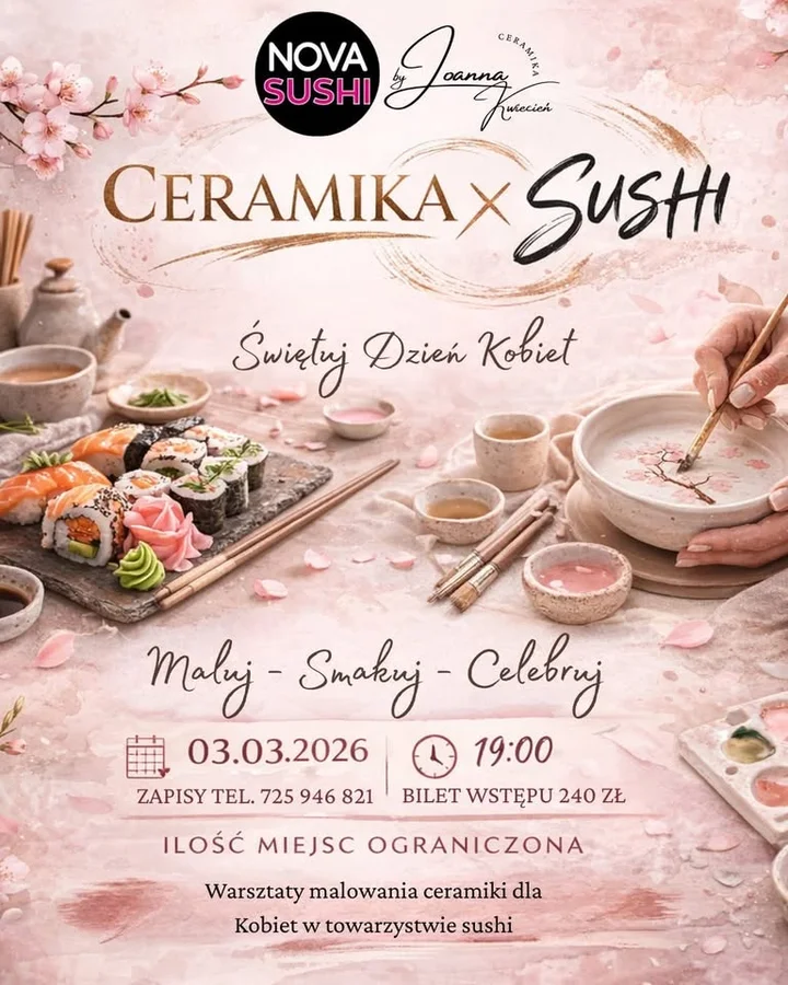 Grafika promocyjna wydarzenia Ceramika x Sushi w Nova Sushi Wałbrzych — wieczór malowania ceramiki z okazji Dnia Kobiet