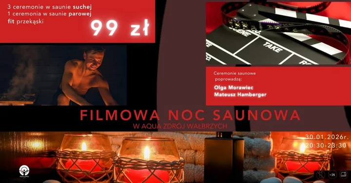 Grafika promocyjna wydarzenia Filmowa Noc Saunowa w Aqua Zdrój Wałbrzych