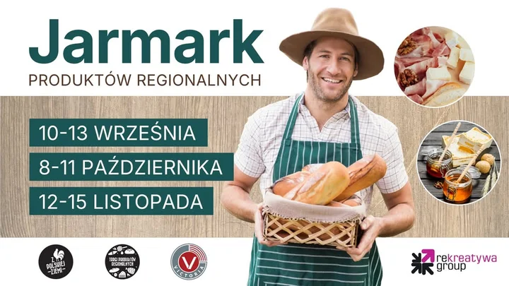 Obrazek przedstawia grafikę promocyjną wydarzenia Jarmark produktów regionalnych w Galerii Victoria w Wałbrzychu
