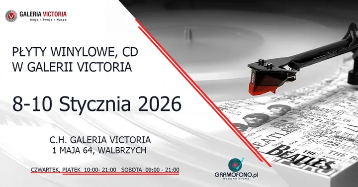 Grafika promocyjna wydarzenia Kiermasz Płyt Winylowych i CD — Galeria Victoria Wałbrzych, 8–10 stycznia 2026