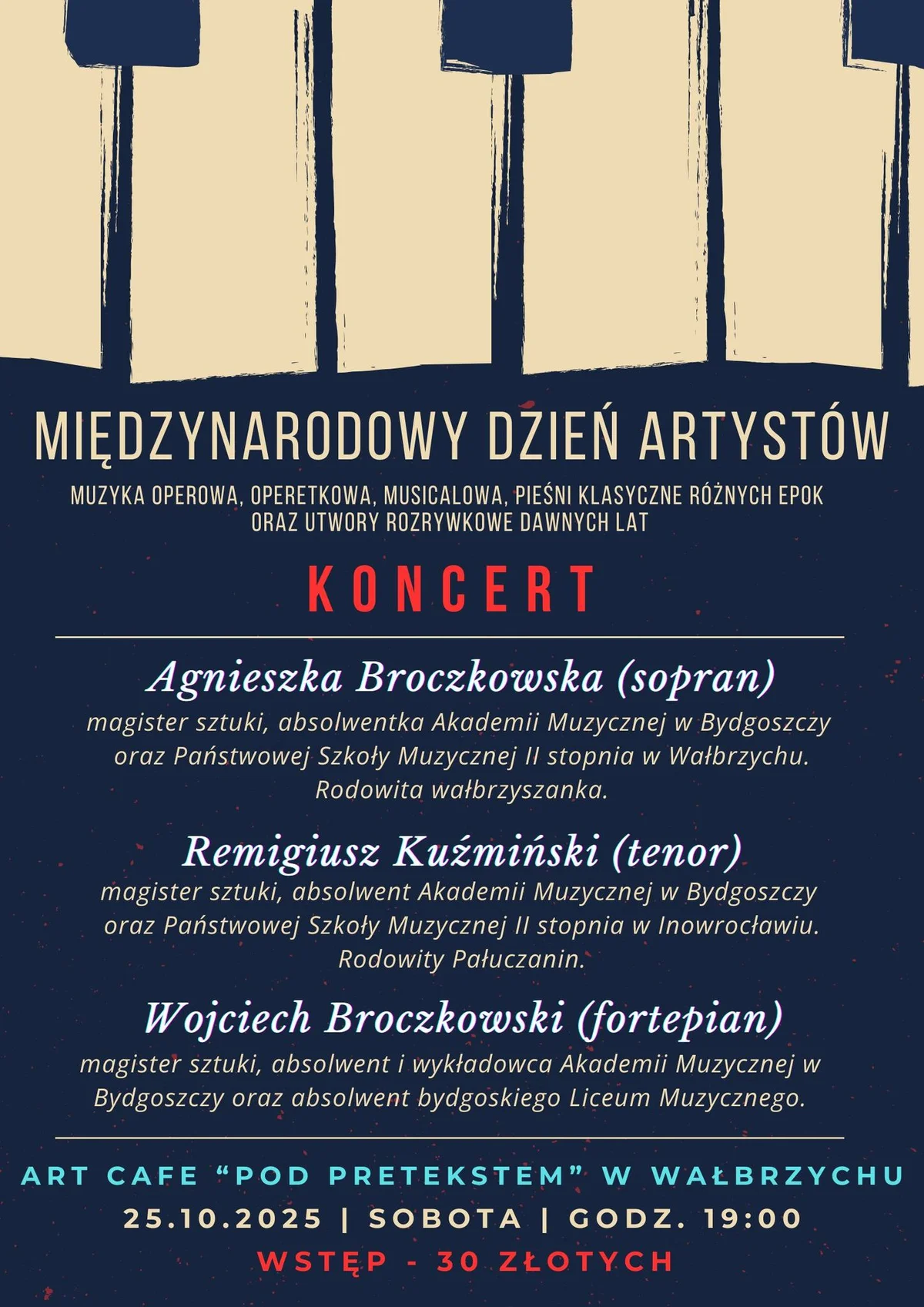 Grafika promocyjna wydarzenia Koncert muzyki klasycznej i rozrywkowej w Wałbrzychu z okazji Dnia Artysty