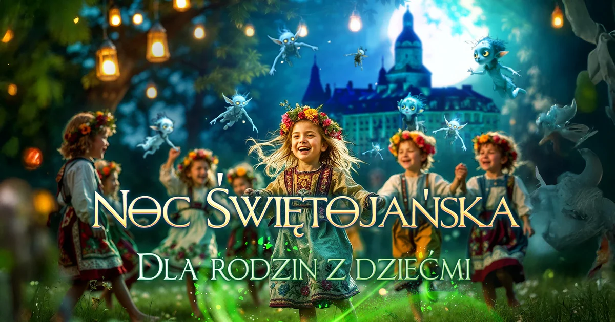 Grafika promocyjna wydarzenia Rodzinne nocne zwiedzanie Zamku Książ z motywami słowiańskimi