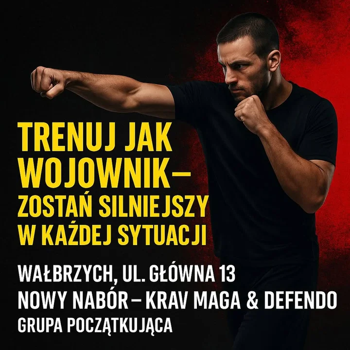 Obrazek przedstawia grafikę promocyjną wydarzenia Nowy nabór na kursy samoobrony Krav Maga i Defendo w Wałbrzychu