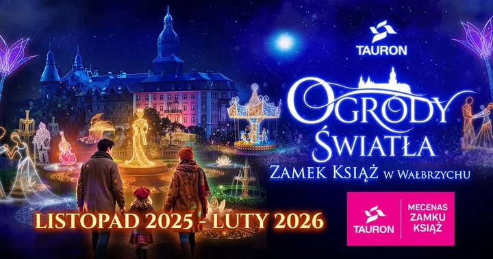 Grafika promocyjna wydarzenia TAURON Ogrody Światła w Zamku Książ — iluminacje, postacie i gra terenowa