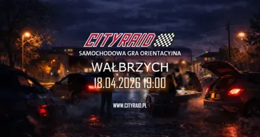 Grafika promocyjna wydarzenia CITYRAID Wałbrzych: samochodowa gra orientacyjna z zadaniami i nagrodami