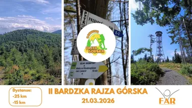 Obrazek przedstawia grafikę promocyjną wydarzenia Rajd pieszy po Górach Bardzkich — trasy 25 km i 15 km