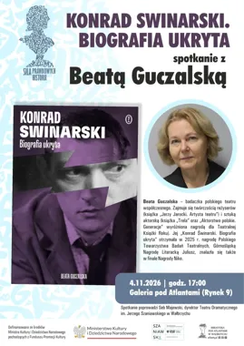 Grafika promocyjna wydarzenia „Konrad Swinarski. Biografia ukryta” – spotkanie z Beatą Guczalską