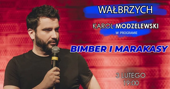 Grafika promocyjna wydarzenia Karol Modzelewski: „Bimber i marakasy” — stand-up w Wałbrzychu