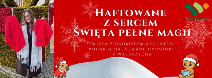 Grafika promocyjna wydarzenia Wałbrzyski Jarmark Świąteczny — stoisko z haftowanymi upominkami