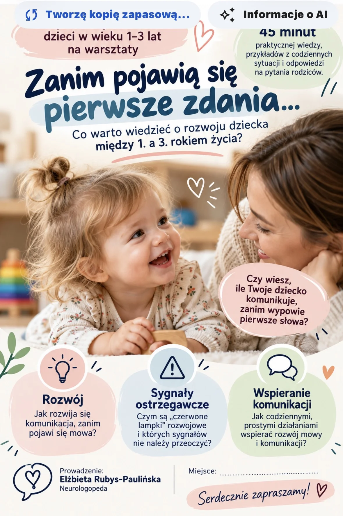 Grafika promocyjna wydarzenia Zanim pojawią się pierwsze zdania – warsztaty dla rodziców